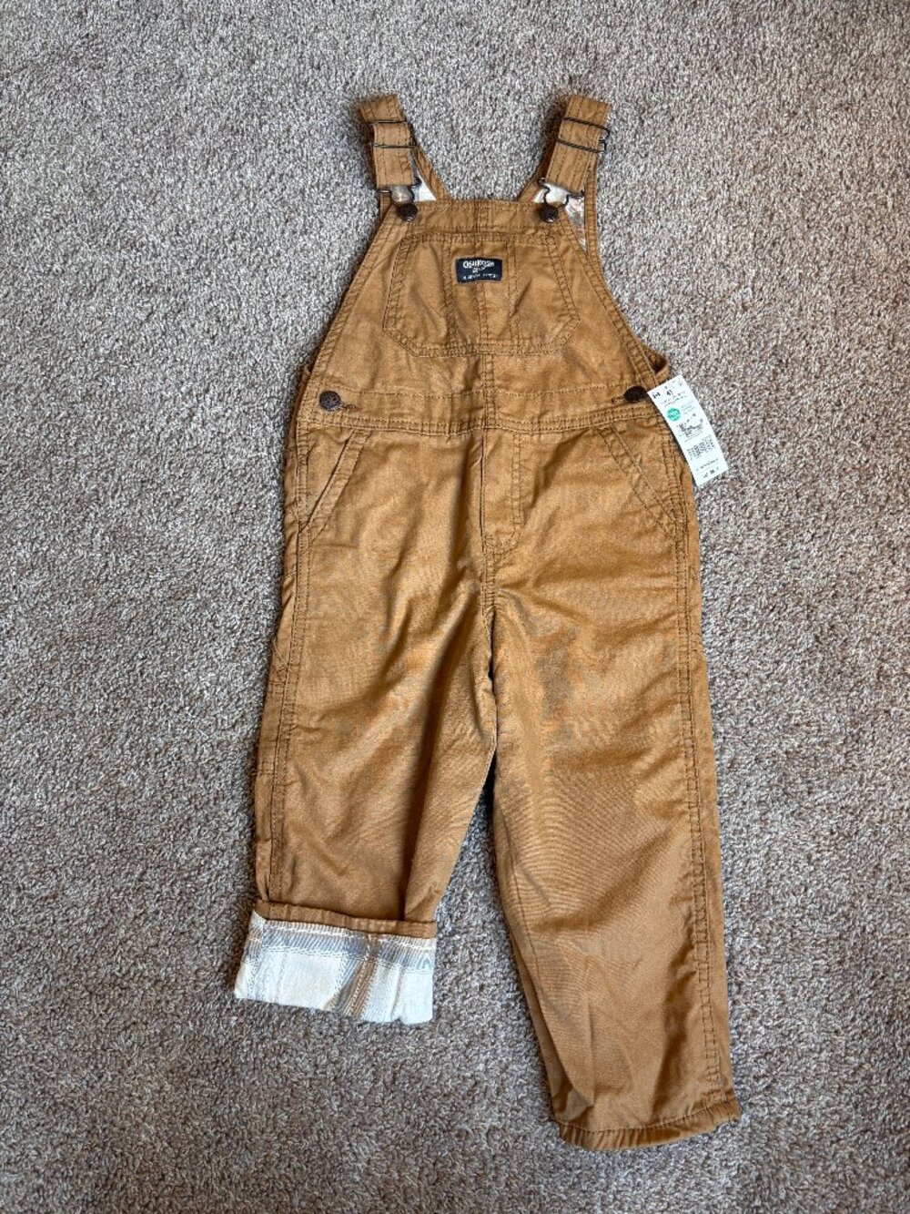 NEW OshKosh B'Gosh Khaki Lightweight Canvas Overalls 4T Plaid Lining